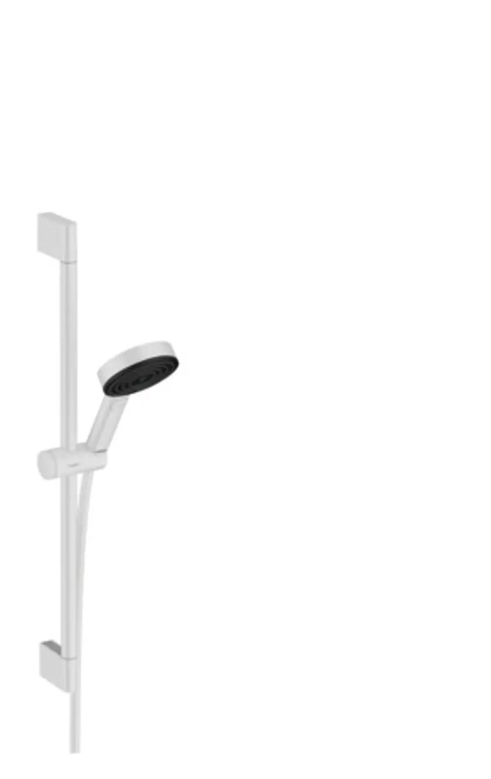 Hansgrohe Duschset mit Handbrause und fixierter Brausestange in Mattweiß, geeignet für Wandmontage. Die Brause hat mehrere Strahlarten.